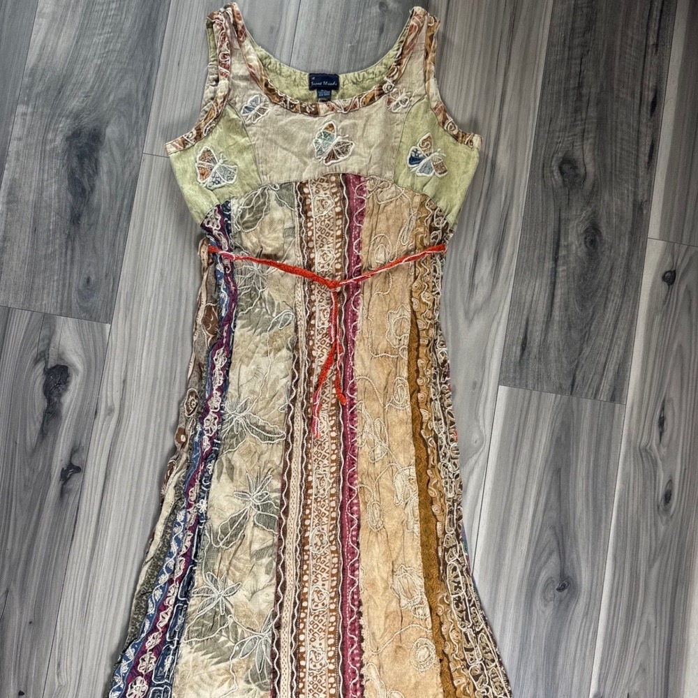 Sacred Threads Patchwork Butterfly Midi Dress Boho Embroidered Rayon ML